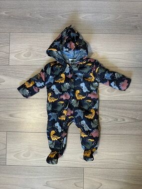 Hooded Dino-Print Navy Footed Baby One-Piece Lined Bunting Suit 0-3 Months